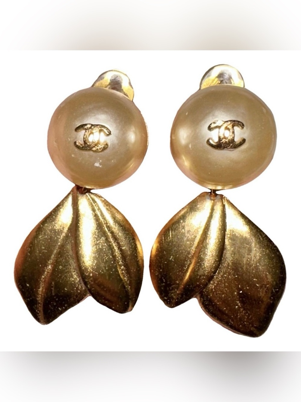 Chanel Vintage Pearl and Leaves Gold-tone Dangle Drop Clip On Statement Earrings